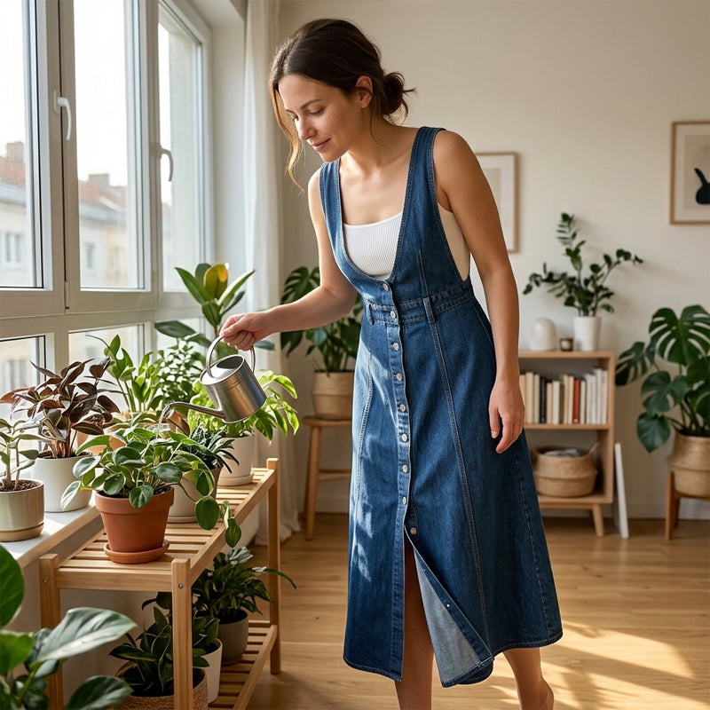 Women's Button-Front Denim Overall Midi Dress