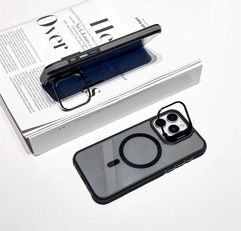 📱Magnetic Phone Case with Lens Stand – Wireless Charging Compatible, Shock-Absorbing & Built-in Kickstand – Hands-Free Viewing
