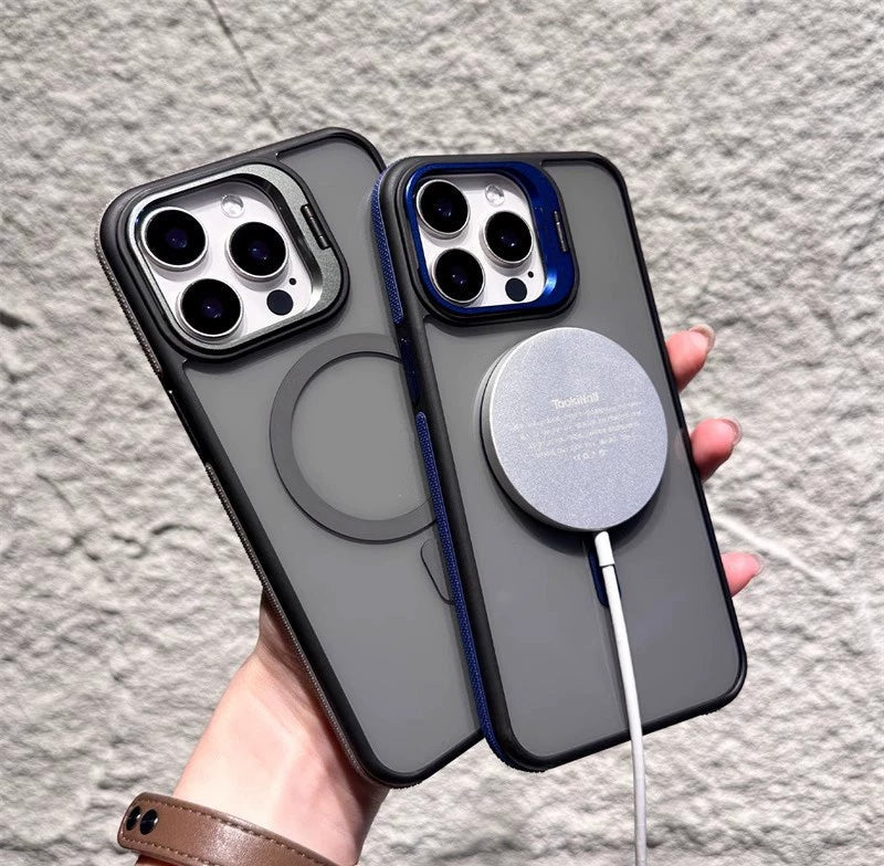 📱Magnetic Phone Case with Lens Stand – Wireless Charging Compatible, Shock-Absorbing & Built-in Kickstand – Hands-Free Viewing