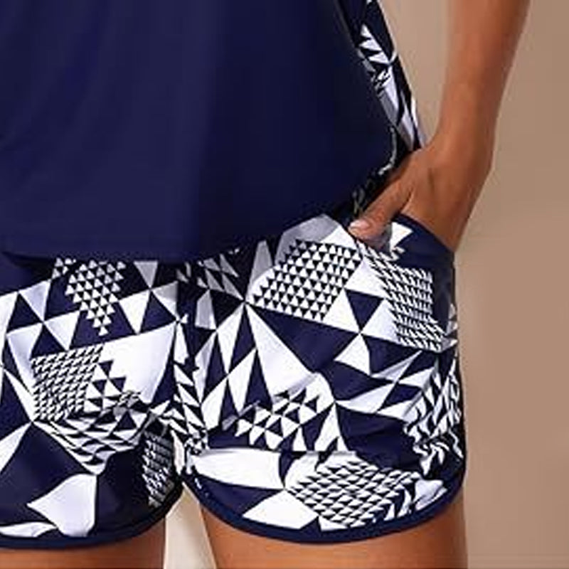 Color-Blocking Printed Loose Swimsuit Set