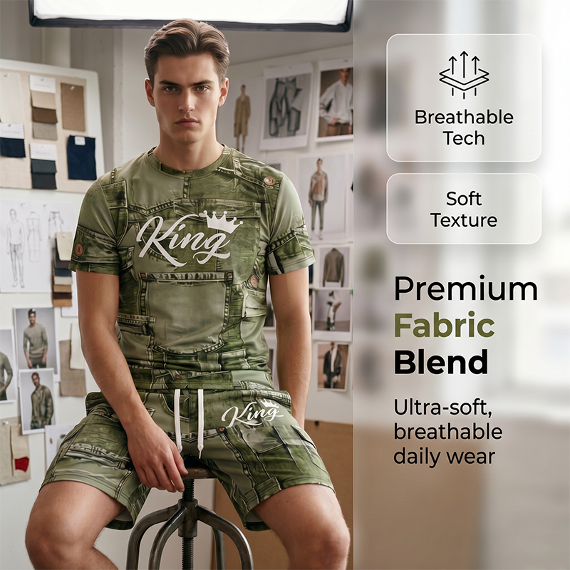 Mens Casual Faux Denim Print T Shirt Shorts Set