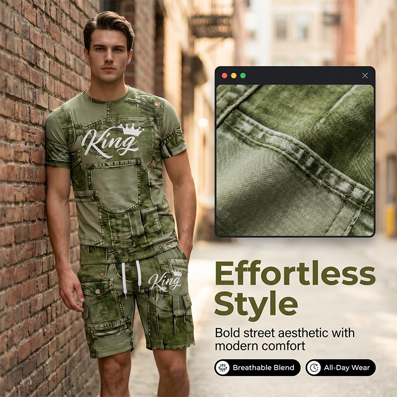 Mens Casual Faux Denim Print T Shirt Shorts Set