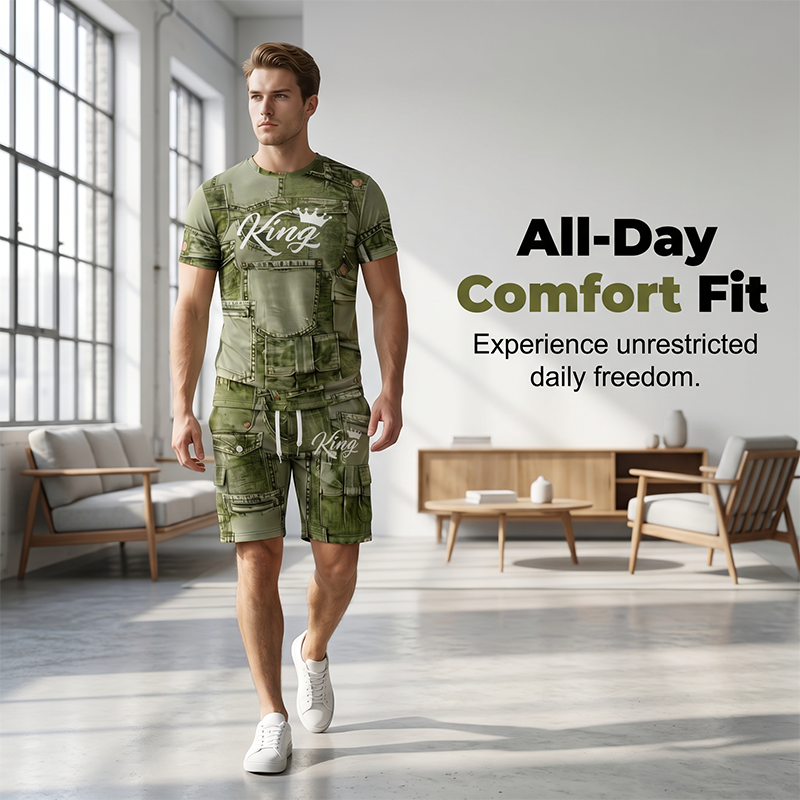Mens Casual Faux Denim Print T Shirt Shorts Set