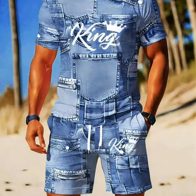 Mens Casual Faux Denim Print T Shirt Shorts Set