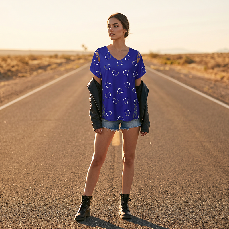 🎉 LIMITED TIME 50% OFF! 👚 Women's Summer V-Neck Printed Top – Strappy Cutout Shoulders & Lace-Up Side Slits ❤️