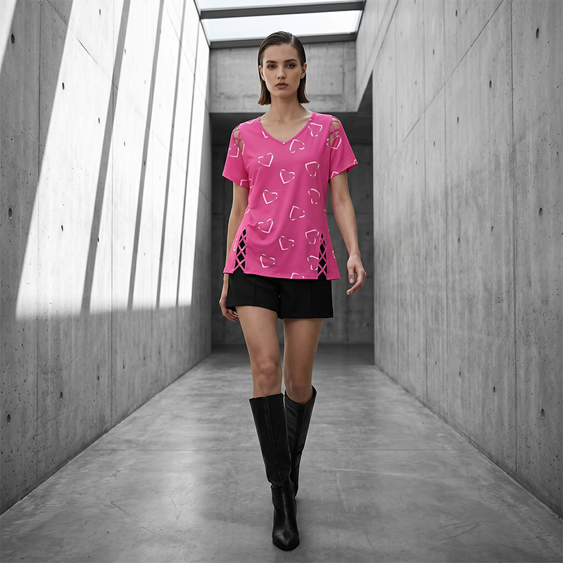 🎉 LIMITED TIME 50% OFF! 👚 Women's Summer V-Neck Printed Top – Strappy Cutout Shoulders & Lace-Up Side Slits ❤️