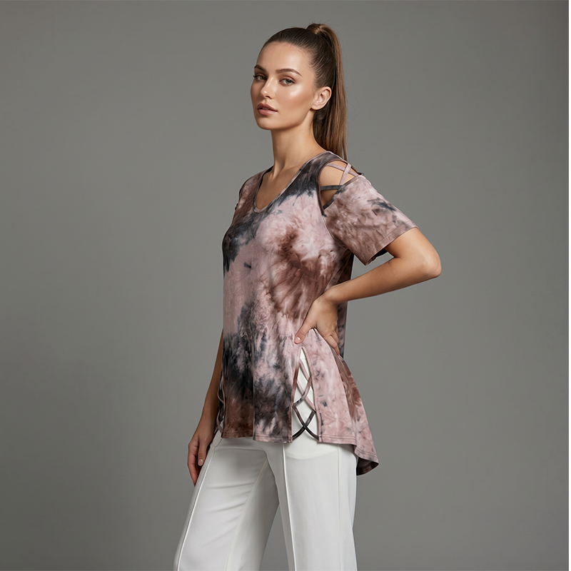 🎉 LIMITED TIME 50% OFF! 👚 Women's Summer V-Neck Printed Top – Strappy Cutout Shoulders & Lace-Up Side Slits ❤️