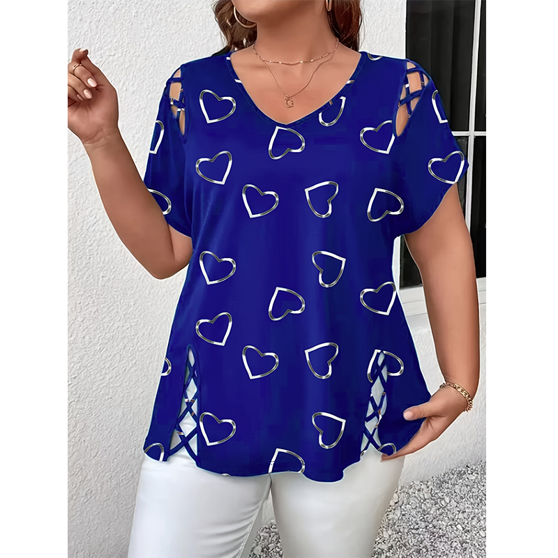 🎉 LIMITED TIME 50% OFF! 👚 Women's Summer V-Neck Printed Top – Strappy Cutout Shoulders & Lace-Up Side Slits ❤️