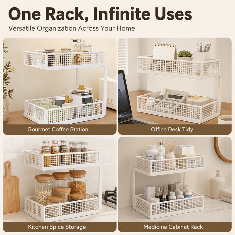 🏠 LIMITED TIME 50% OFF! 2-Tier Multipurpose Countertop Storage Rack – High-Strength Carbon Steel, C-Shaped Open Access & Heavy-Duty Stability ✨