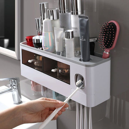 50% OFF! ✨ Toothbrush Holder Toiletry Organizer – Large Capacity Tray, Drawer & Storage, Automatic Toothpaste Dispenser & Magnetic Cups – Clean Mess-Free Bathroom 🚿