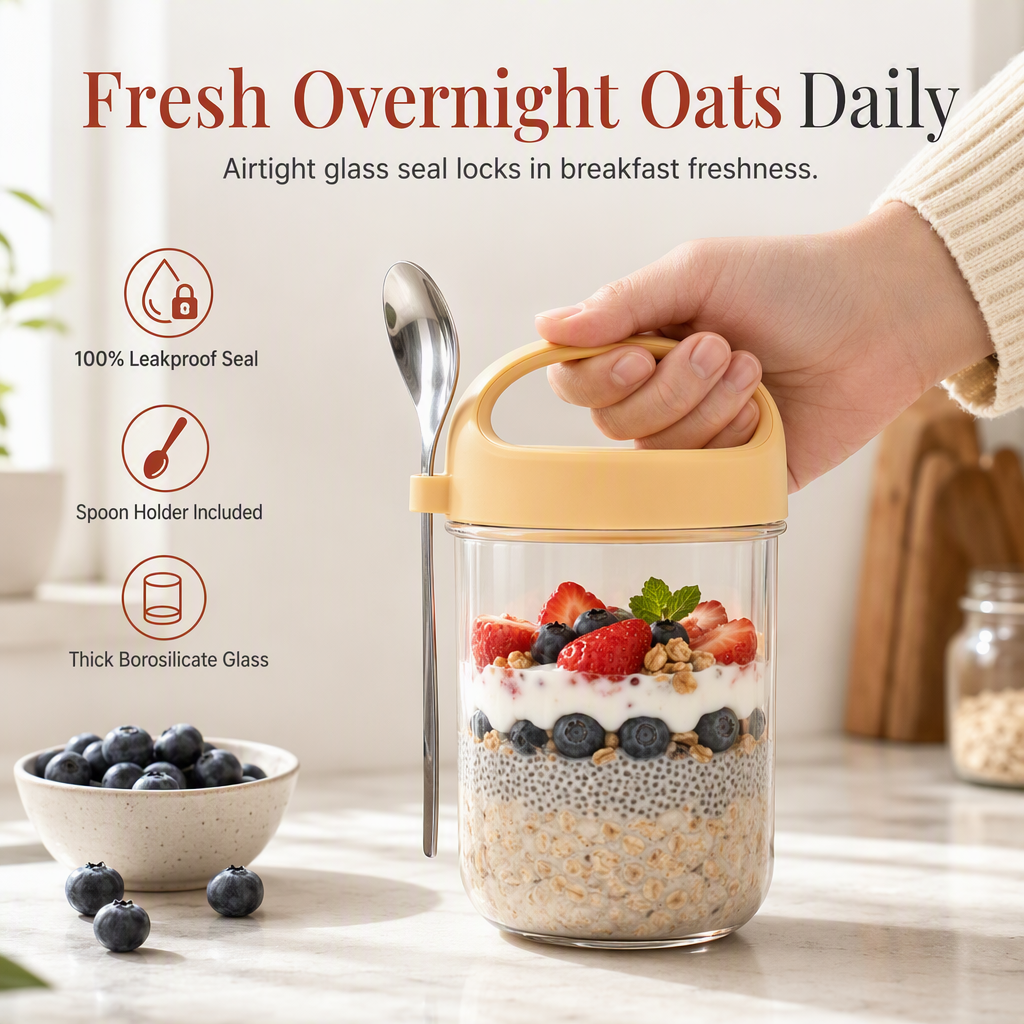 Portable Glass Overnight Oats Jar with Spoon and Leakproof Lid Yogurt Container for Office Workers
