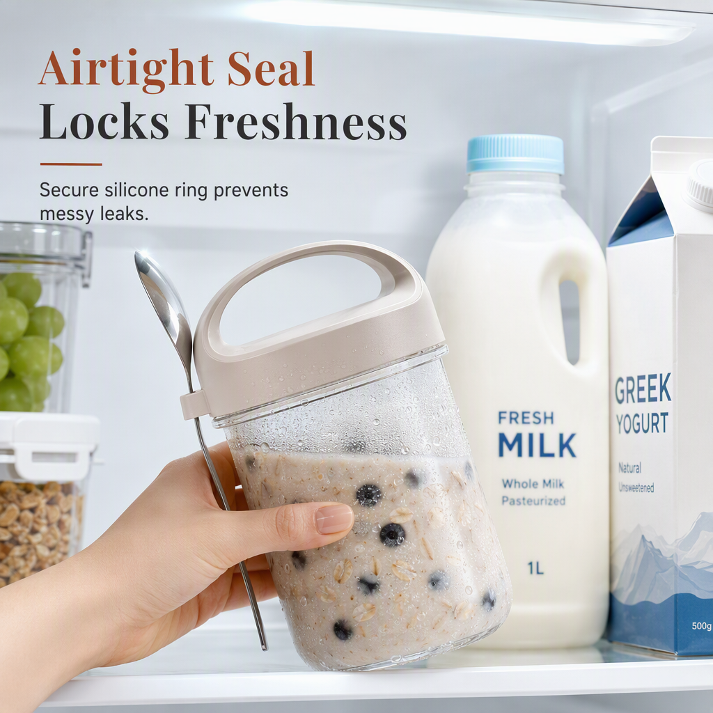 Portable Glass Overnight Oats Jar with Spoon and Leakproof Lid Yogurt Container for Office Workers