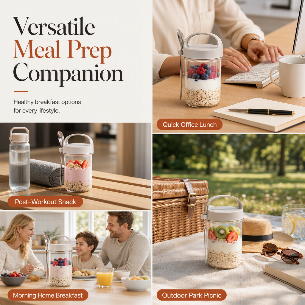 Portable Glass Overnight Oats Jar with Spoon and Leakproof Lid Yogurt Container for Office Workers