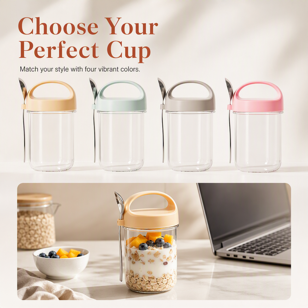 Portable Glass Overnight Oats Jar with Spoon and Leakproof Lid Yogurt Container for Office Workers
