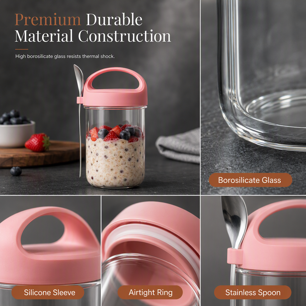 Portable Glass Overnight Oats Jar with Spoon and Leakproof Lid Yogurt Container for Office Workers