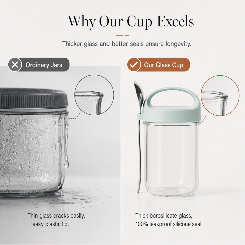 Portable Glass Overnight Oats Jar with Spoon and Leakproof Lid Yogurt Container for Office Workers