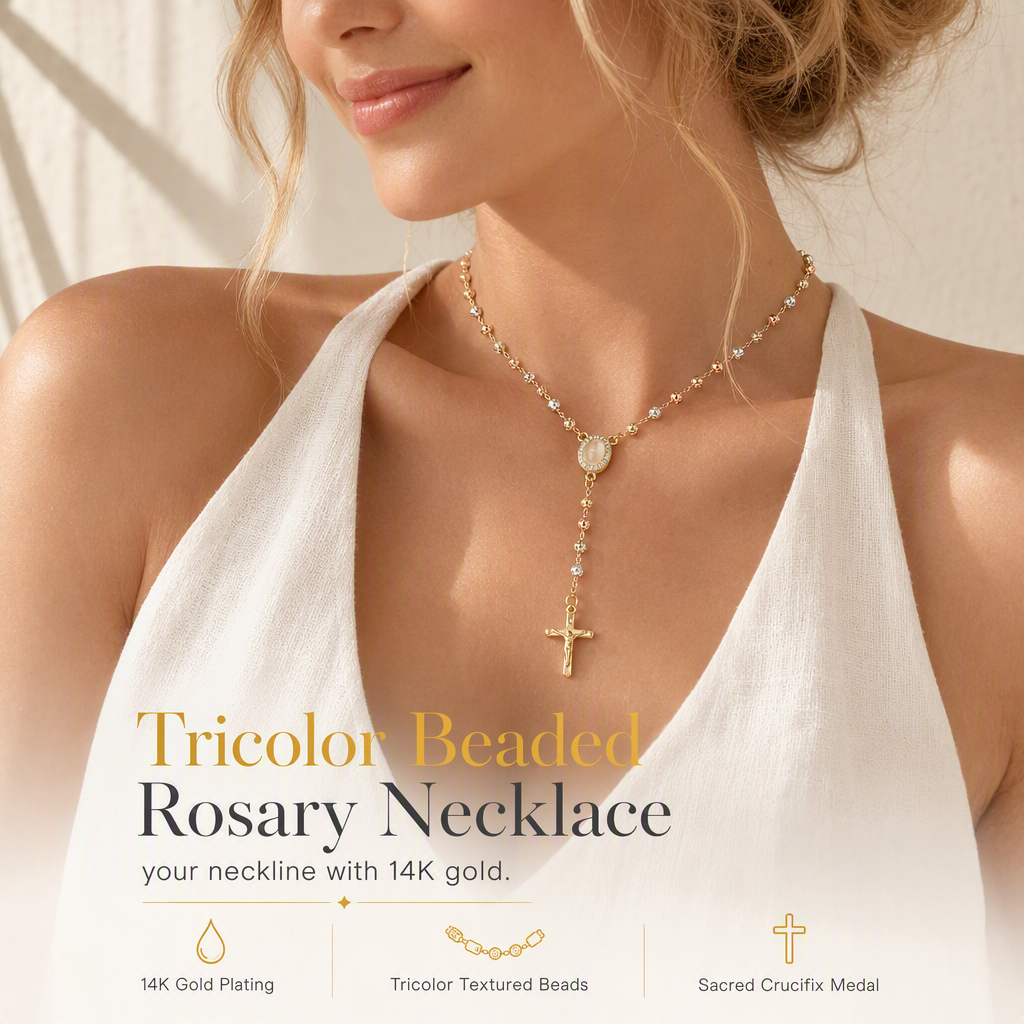 ⛪ 50% OFF! ✨ Retro Gold Tone Virgin Mary Crucifix Cross Pendant Necklace – Tricolor Beaded Y-Chain, Sacred Vintage Emblem & 14K Plated Finish – Elegant Faith-Inspired Style 💛