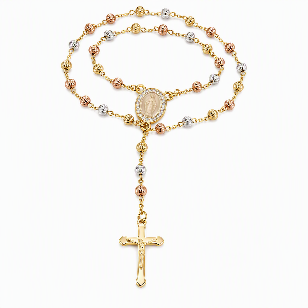 ⛪ 50% OFF! ✨ Retro Gold Tone Virgin Mary Crucifix Cross Pendant Necklace – Tricolor Beaded Y-Chain, Sacred Vintage Emblem & 14K Plated Finish – Elegant Faith-Inspired Style 💛