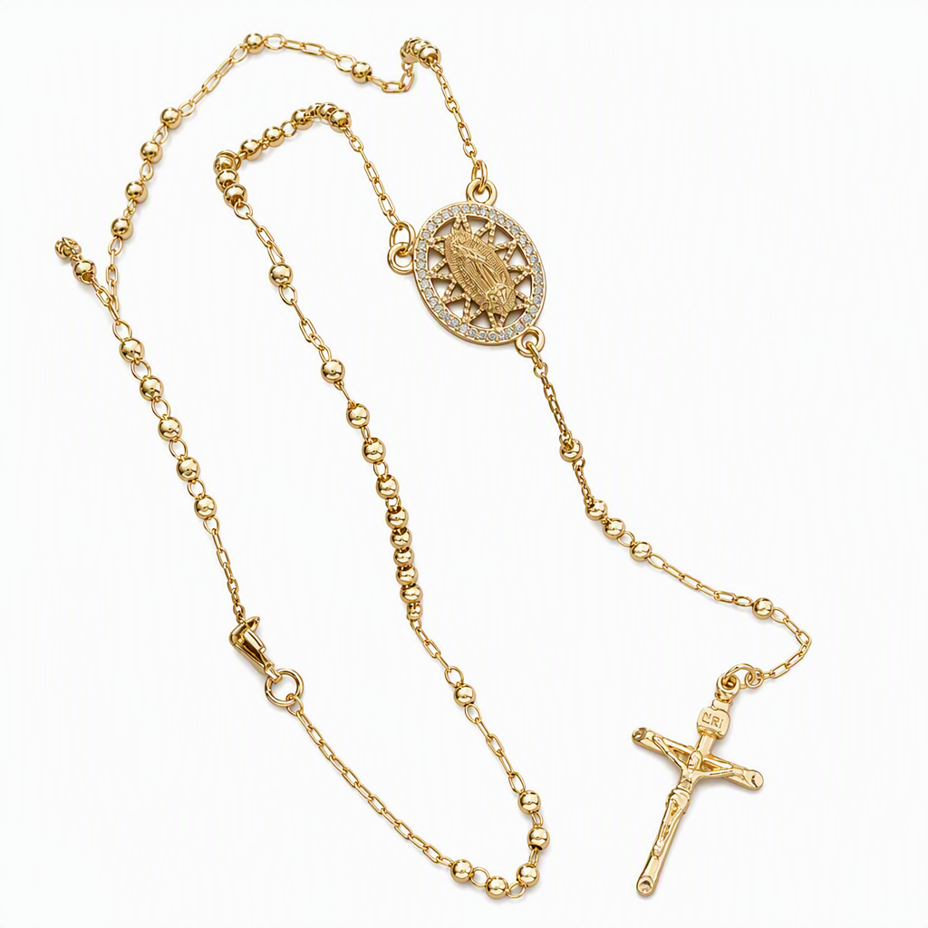 ⛪ 50% OFF! ✨ Retro Gold Tone Virgin Mary Crucifix Cross Pendant Necklace – Tricolor Beaded Y-Chain, Sacred Vintage Emblem & 14K Plated Finish – Elegant Faith-Inspired Style 💛