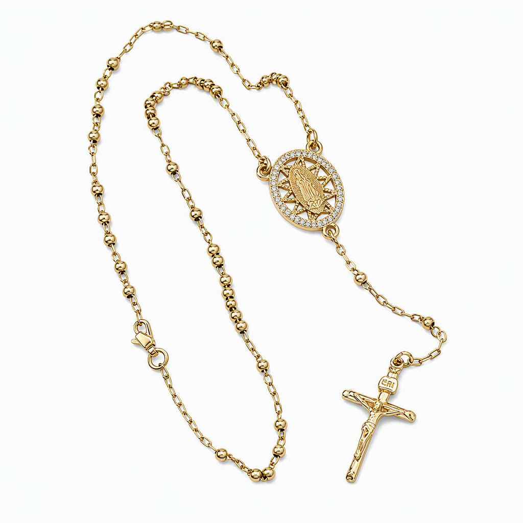 ⛪ 50% OFF! ✨ Retro Gold Tone Virgin Mary Crucifix Cross Pendant Necklace – Tricolor Beaded Y-Chain, Sacred Vintage Emblem & 14K Plated Finish – Elegant Faith-Inspired Style 💛