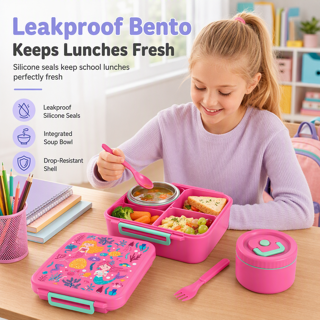 🍱Sealed Food Grade Kids Bento Lunch Box Set with Soup Bowl 4 Compartment Lunch Container for School Students