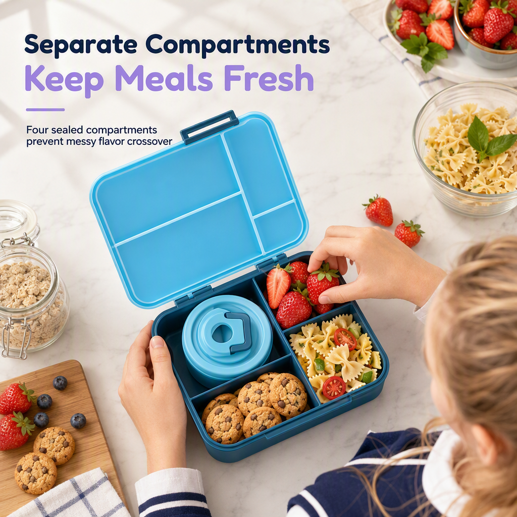 🍱Sealed Food Grade Kids Bento Lunch Box Set with Soup Bowl 4 Compartment Lunch Container for School Students