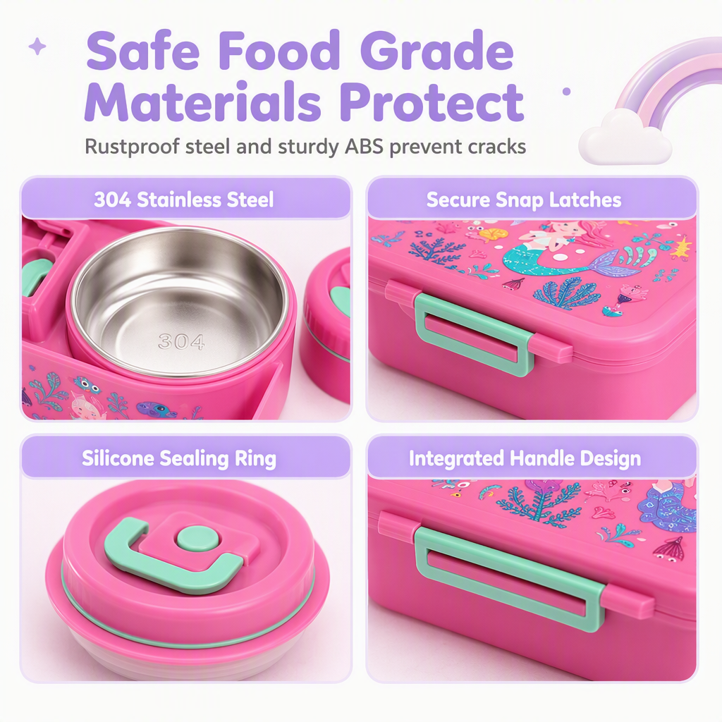 🍱Sealed Food Grade Kids Bento Lunch Box Set with Soup Bowl 4 Compartment Lunch Container for School Students