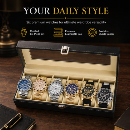 6 Piece Men's Watch Set with Steel Band Fashion Watches in a Gift Box