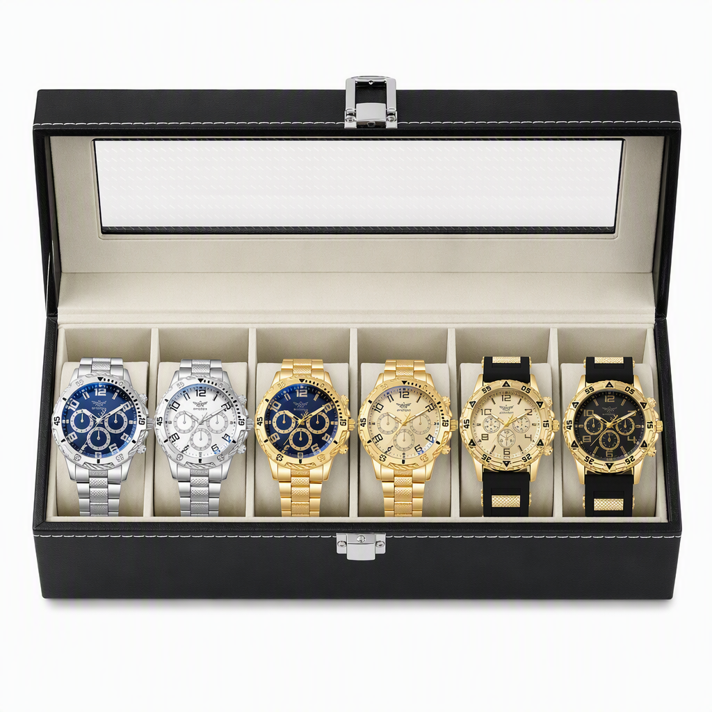 6 Piece Men's Watch Set with Steel Band Fashion Watches in a Gift Box