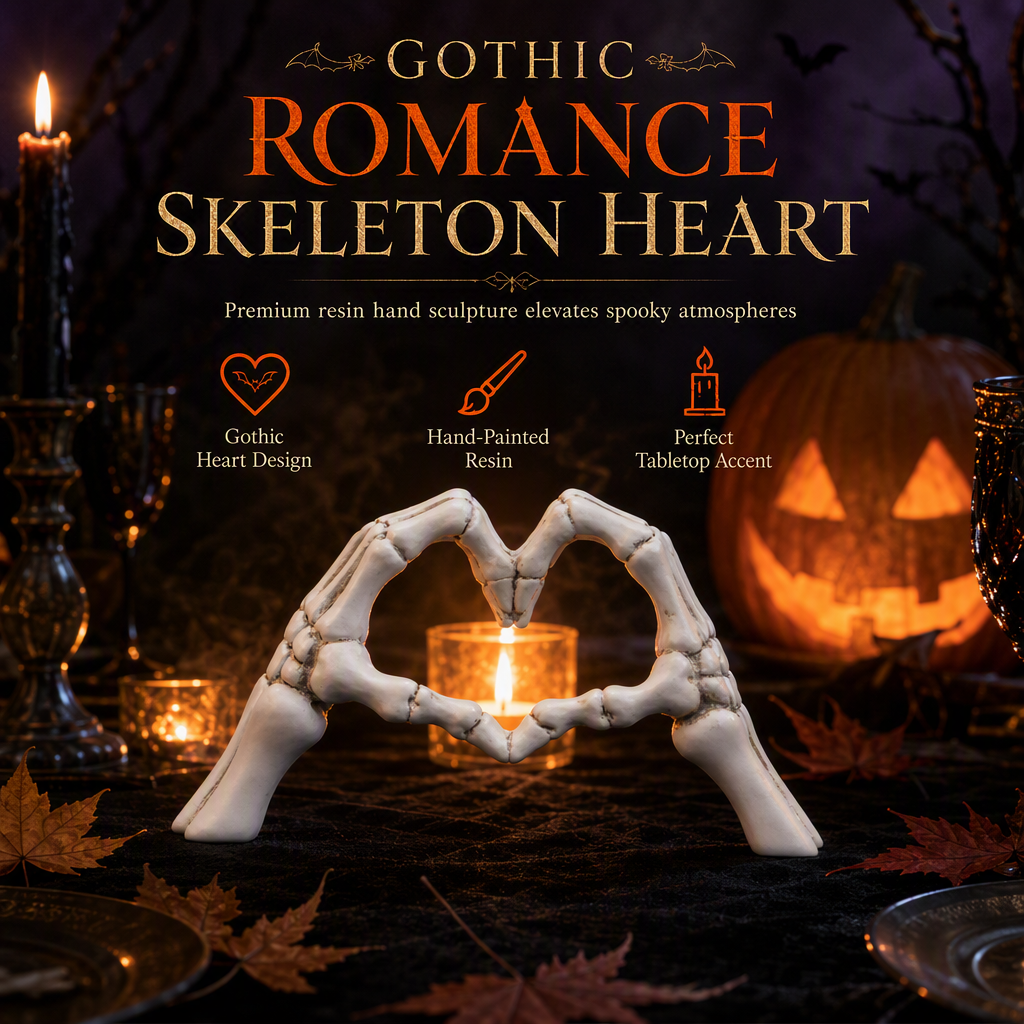 💀 Halloween Resin Skeleton Figurine – Heart Hand Gesture & Gothic Decor 🖤✨