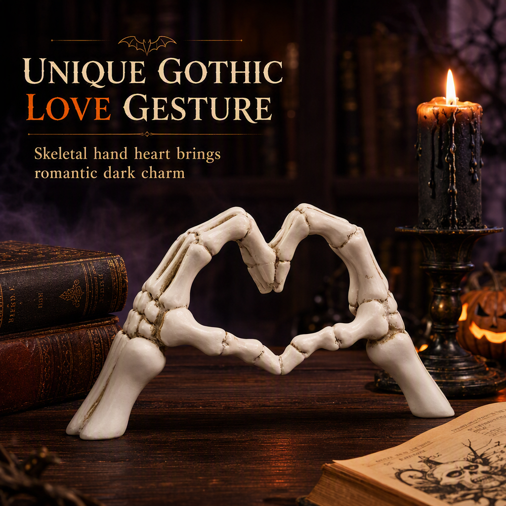 💀 Halloween Resin Skeleton Figurine – Heart Hand Gesture & Gothic Decor 🖤✨