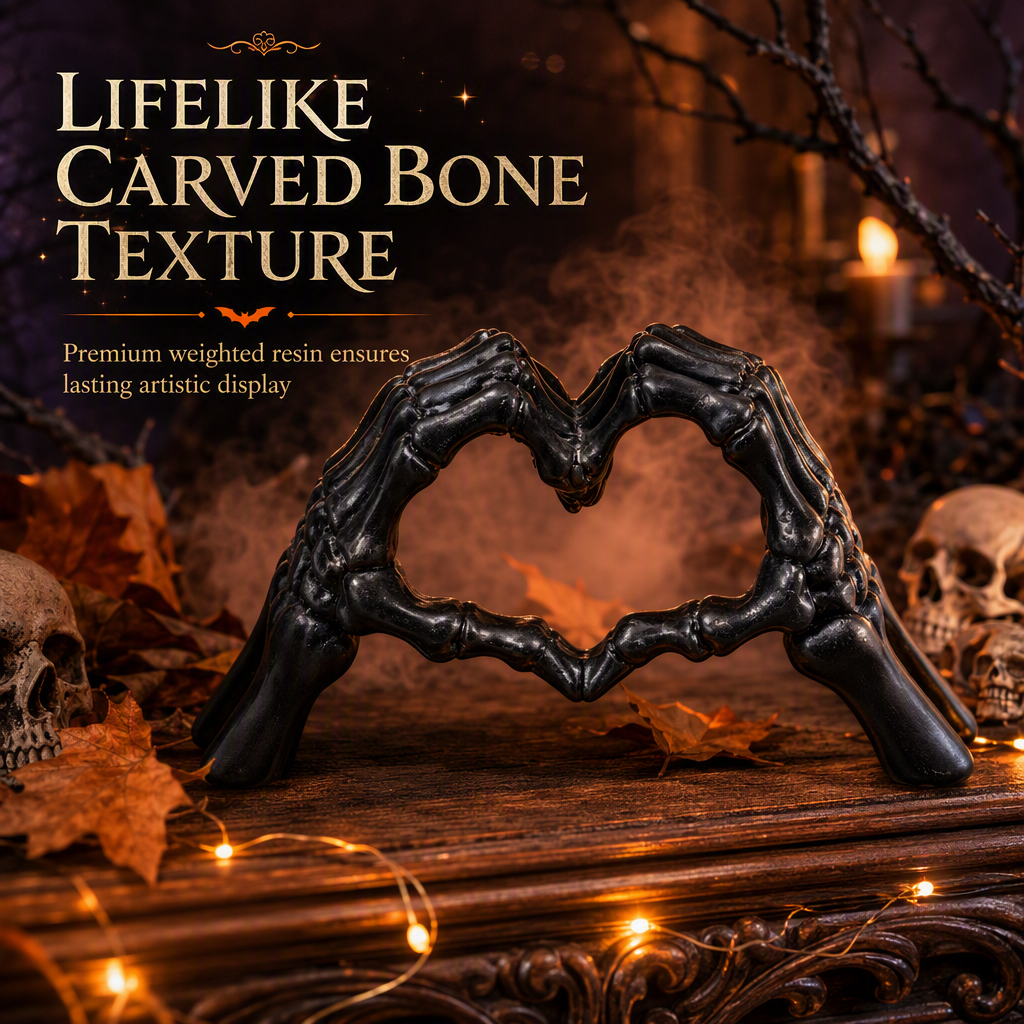 💀 Halloween Resin Skeleton Figurine – Heart Hand Gesture & Gothic Decor 🖤✨