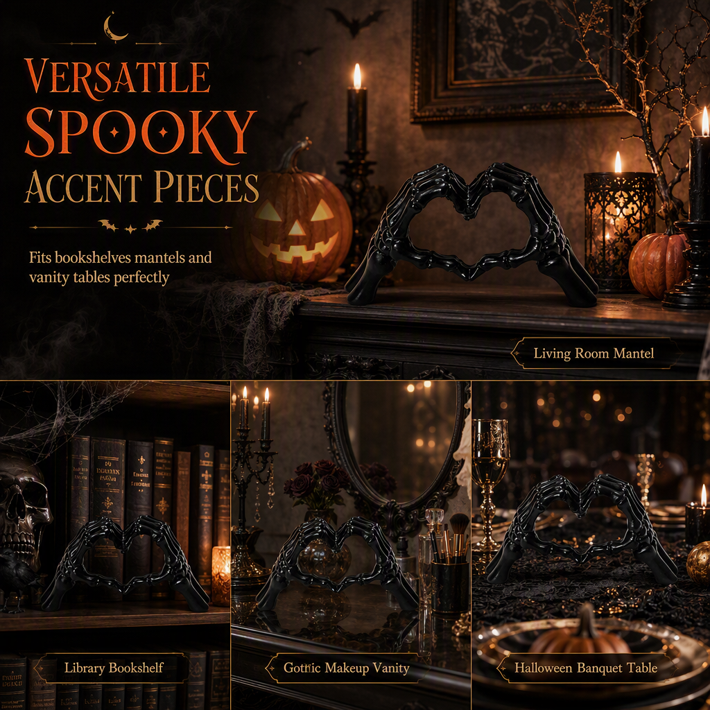💀 Halloween Resin Skeleton Figurine – Heart Hand Gesture & Gothic Decor 🖤✨