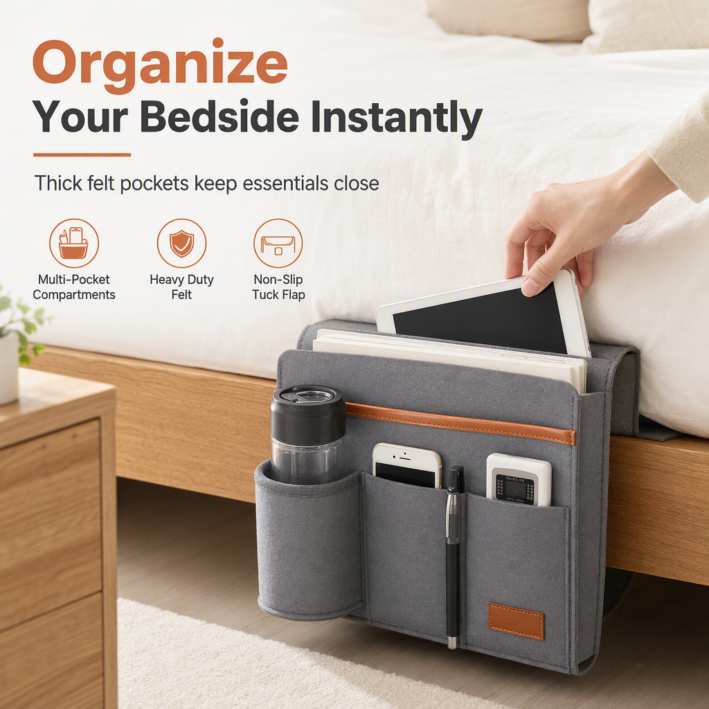 ⏳🔥LIMITED-TIME 50% OFF! ⏰Minimalist Felt Bedside Organizer Bag Hanging Pocket Caddy for Student Dormitory Storage 1 Pack