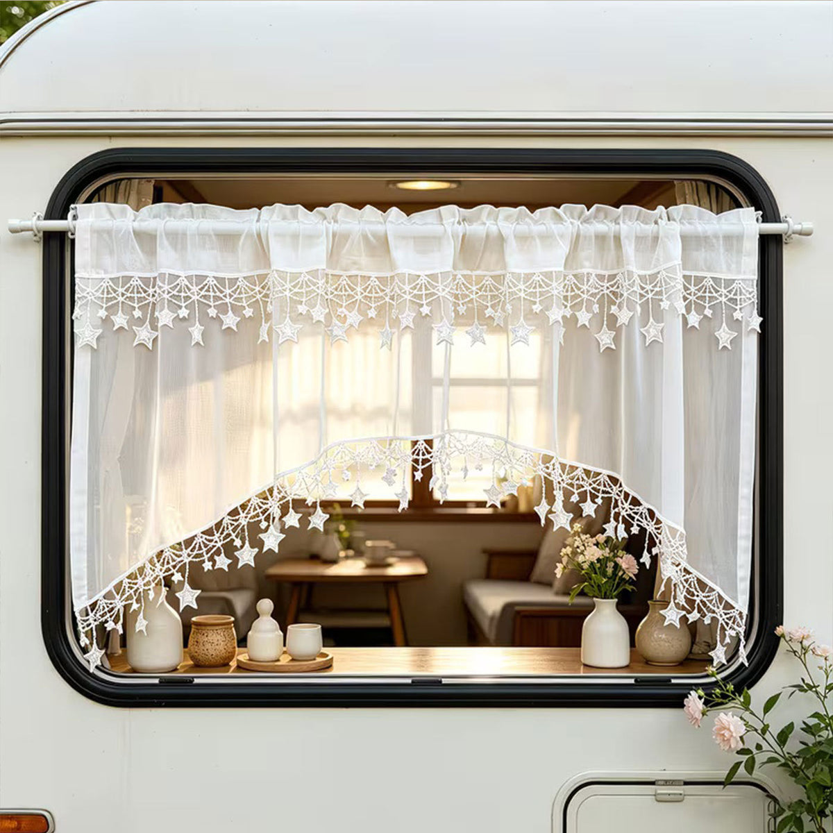 Versatile Country Style Curtain with Star Lace Trim