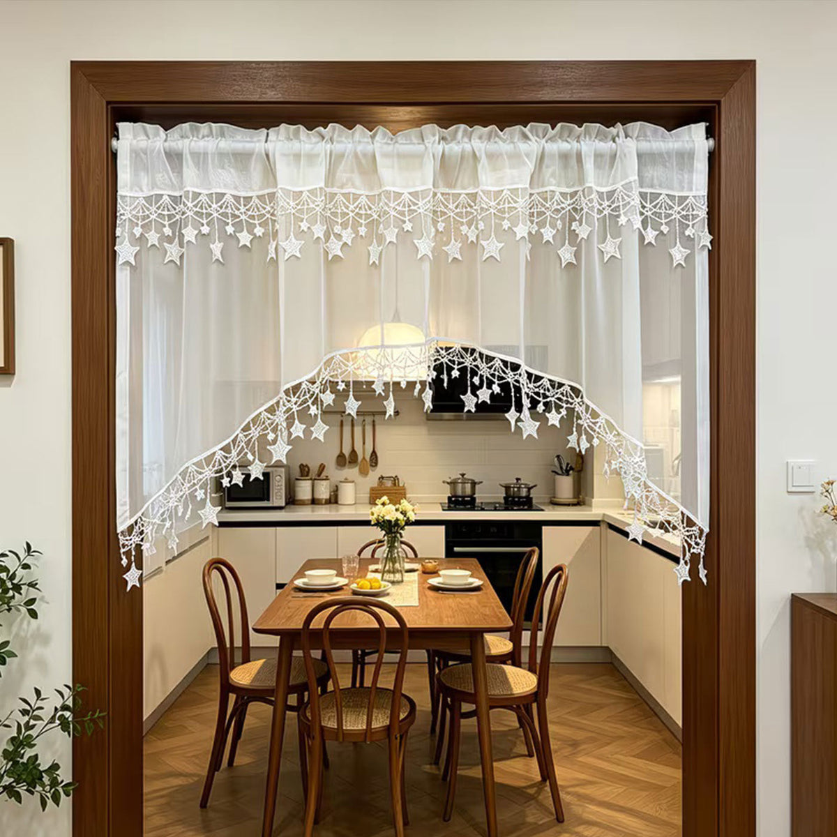 Versatile Country Style Curtain with Star Lace Trim