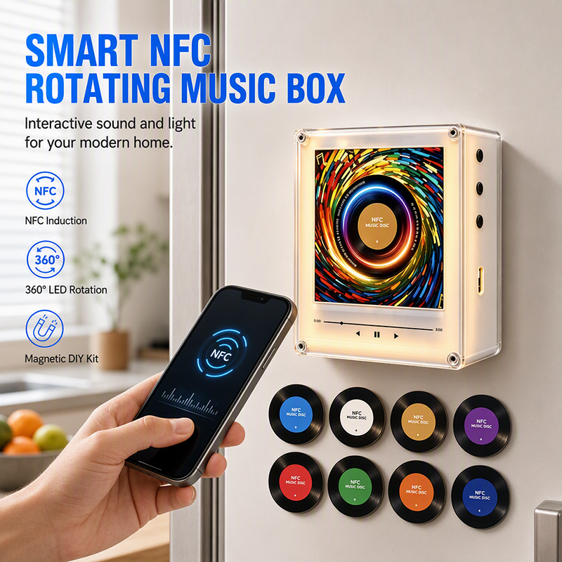 📢📢50% OFF !! ⏰ NFC Magnetic Fridge Music Box – Tap to Play, 360° Rotating LED Light 🧲