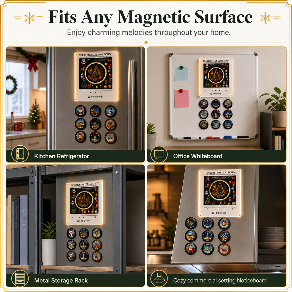 📢📢50% OFF !! ⏰ NFC Magnetic Fridge Music Box – Tap to Play, 360° Rotating LED Light 🧲