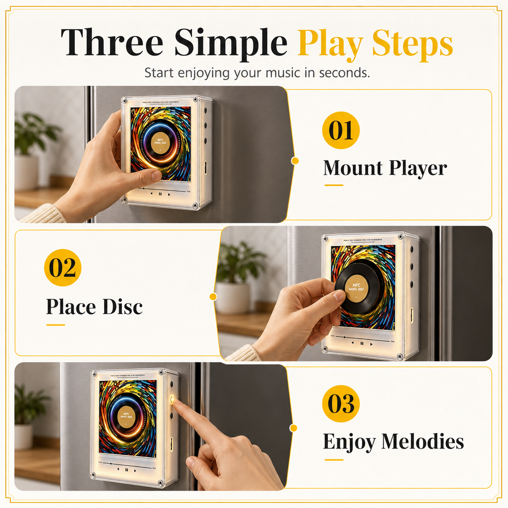 📢📢50% OFF !! ⏰ NFC Magnetic Fridge Music Box – Tap to Play, 360° Rotating LED Light 🧲