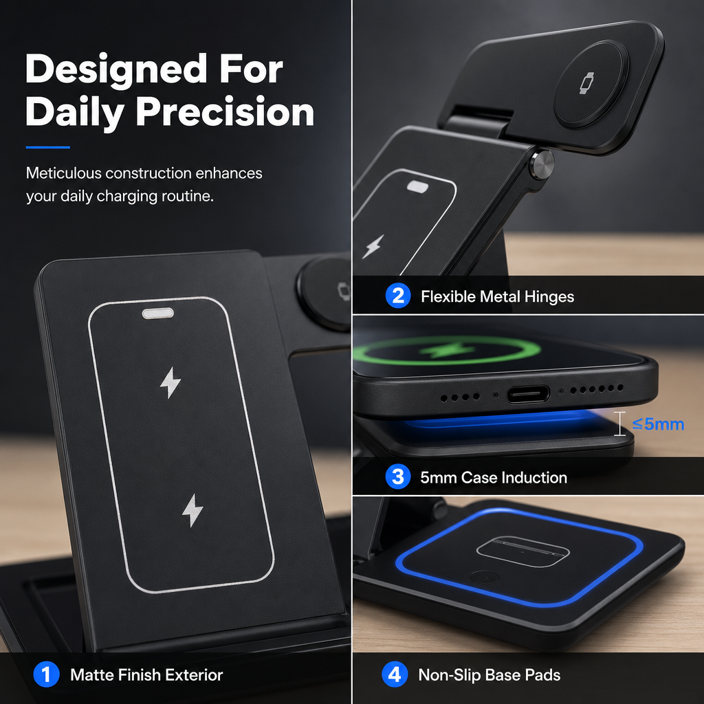 15W Foldable 3 in 1 Magnetic Wireless Charging Station and Desktop Phone Stand