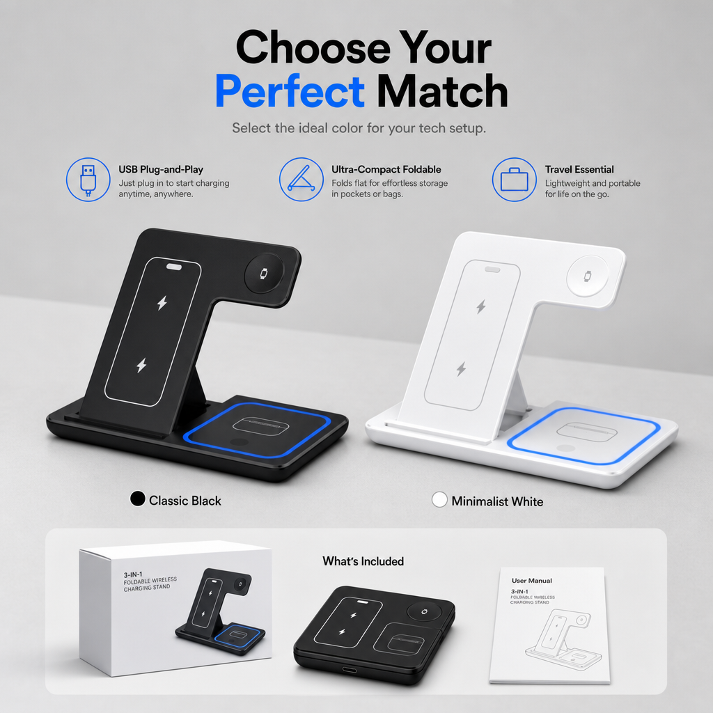 15W Foldable 3 in 1 Magnetic Wireless Charging Station and Desktop Phone Stand