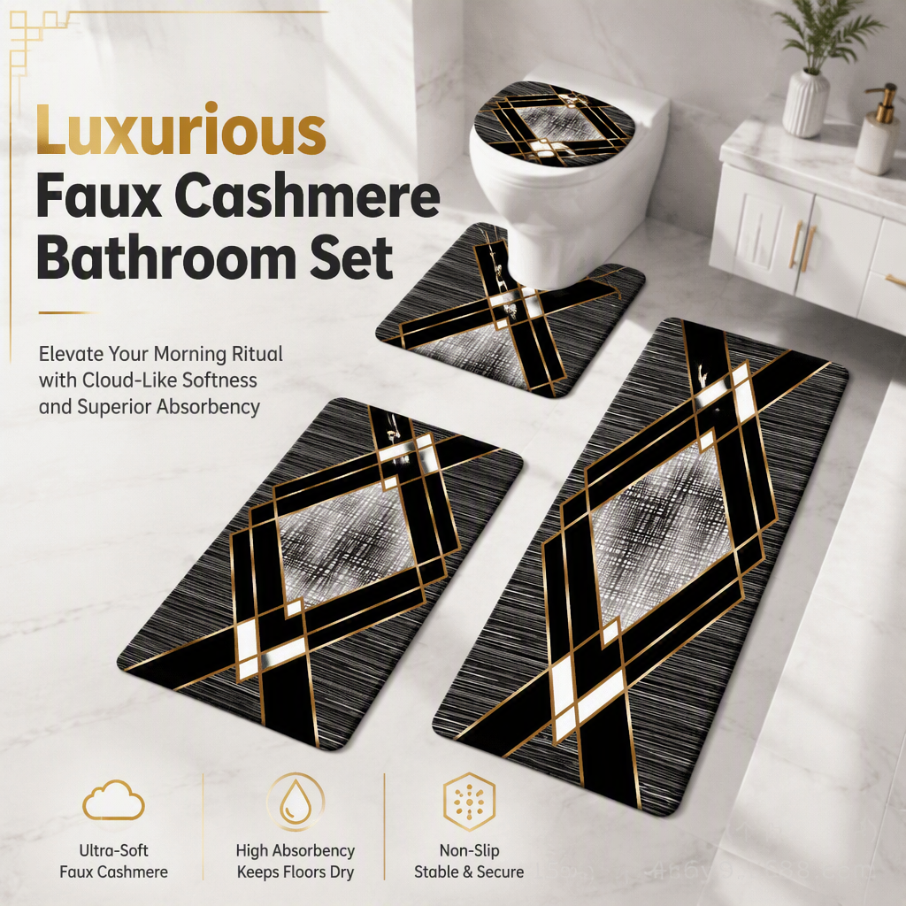 🛁 LIMITED‑TIME 50% OFF! 🧼 4 Piece Faux Cashmere Absorbent Bathroom Rug Set with Rectangular Mat U Shaped Toilet Mat Toilet Lid Cover and Long Runner Rug 🧽