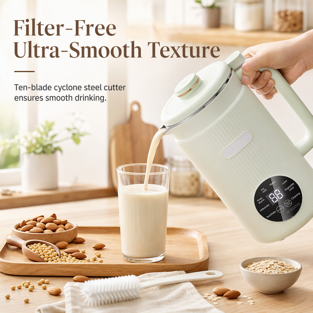 Household Automatic Soy Milk Maker and High- Blender 1500ml Capacity Filter-Free Multi-Functional Food Processor with 10 Blades and 304 Stainless Steel Inner Liner