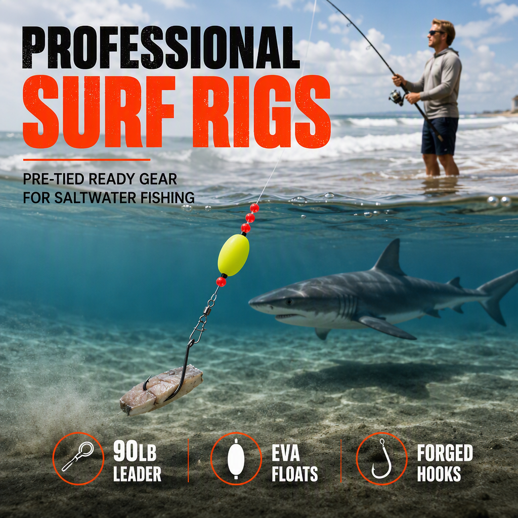 📢📢50% OFF !! ⏰ Pre-Tied Surf Fishing Rigs: High-Buoyancy Floats, Forged Circle Hooks, 90lb Leader, Ready to Use
