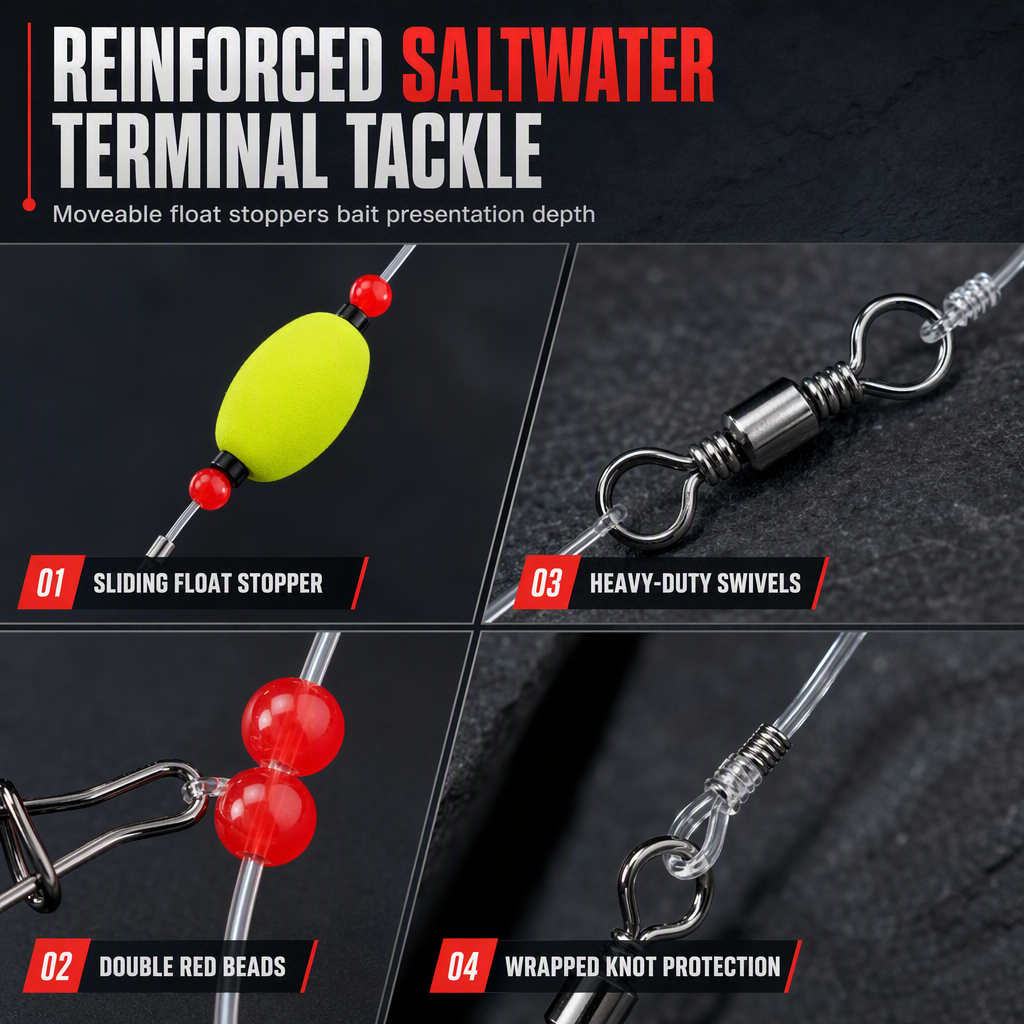 📢📢50% OFF !! ⏰ Pre-Tied Surf Fishing Rigs: High-Buoyancy Floats, Forged Circle Hooks, 90lb Leader, Ready to Use