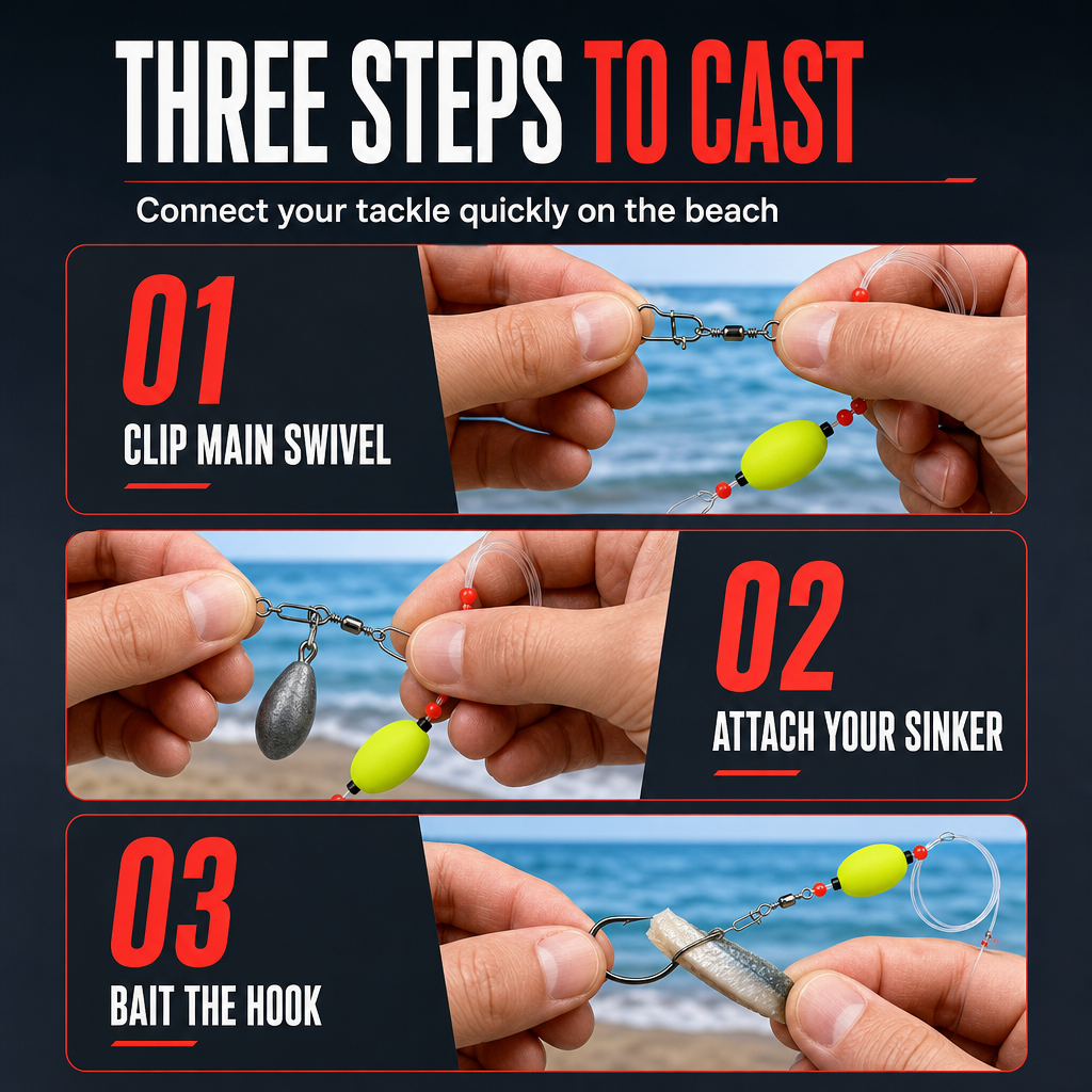 📢📢50% OFF !! ⏰ Pre-Tied Surf Fishing Rigs: High-Buoyancy Floats, Forged Circle Hooks, 90lb Leader, Ready to Use