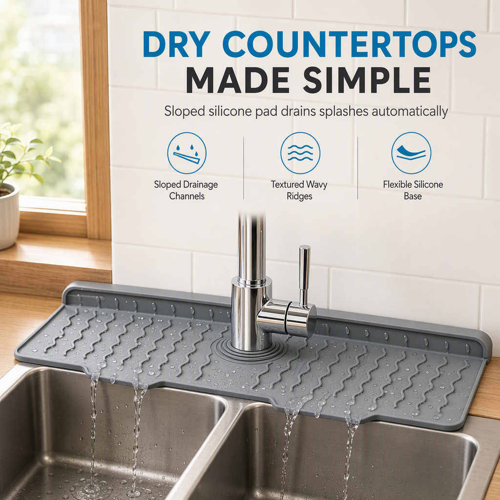 🧽 Silicone Faucet Splash Guard Mat — Drain Fast, Cuttable