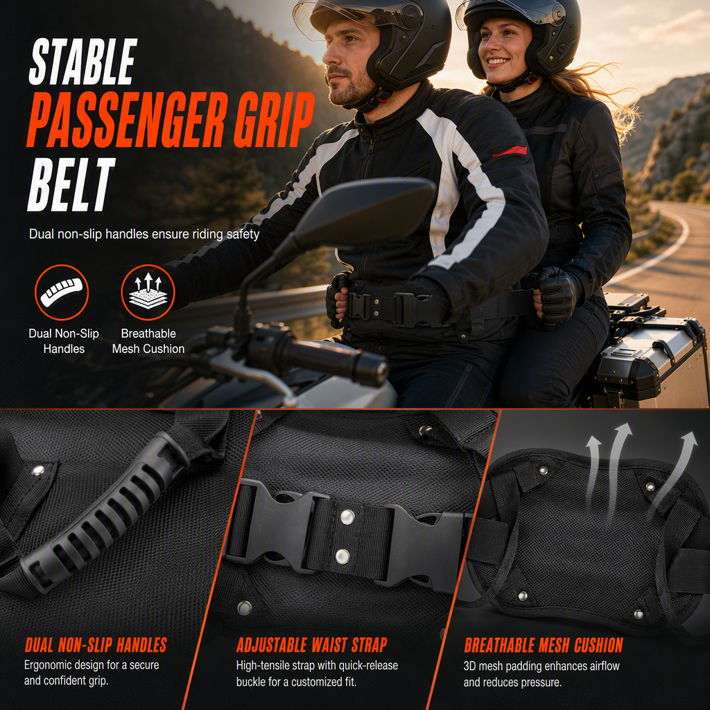 🏍️ Passenger Grip Belt: High-Tensile Nylon, Ergonomic Handle, Adjustable Waist Strap, for Motorcycle
