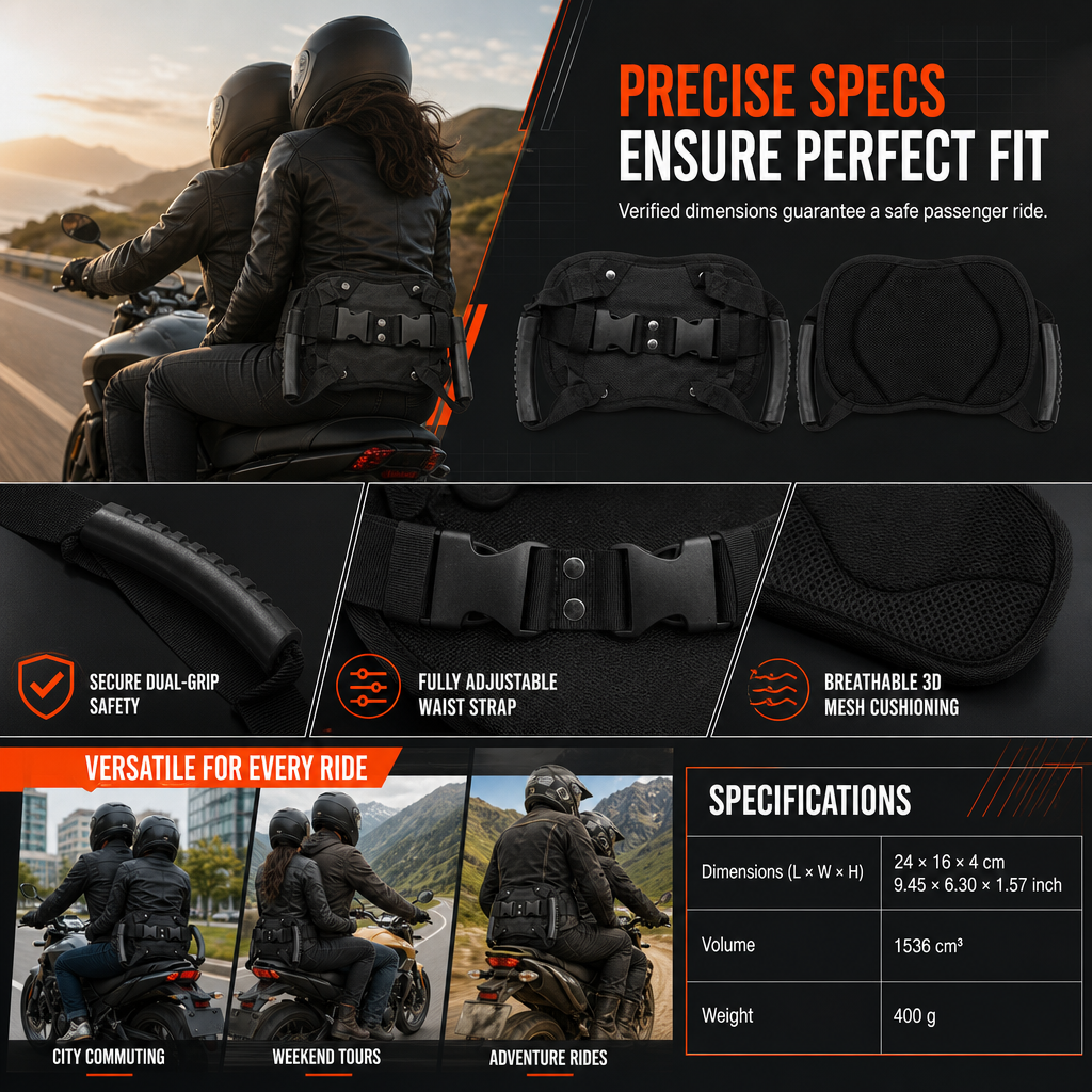 🏍️ Passenger Grip Belt: High-Tensile Nylon, Ergonomic Handle, Adjustable Waist Strap, for Motorcycle