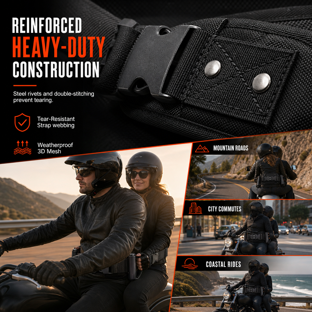 🏍️ Passenger Grip Belt: High-Tensile Nylon, Ergonomic Handle, Adjustable Waist Strap, for Motorcycle